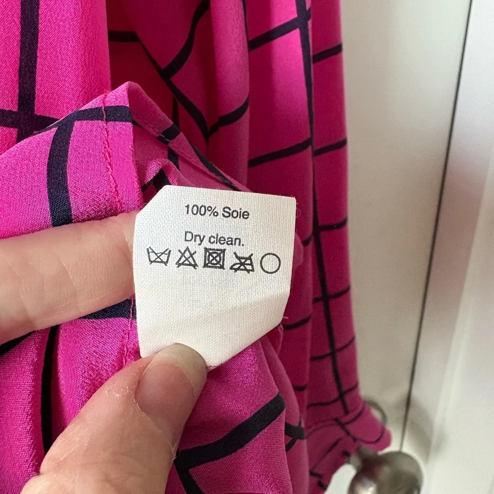 J.Crew 100% Silk Boy Shirt Blouse Fuchsia Pink Black Windowpane Plaid - Size S